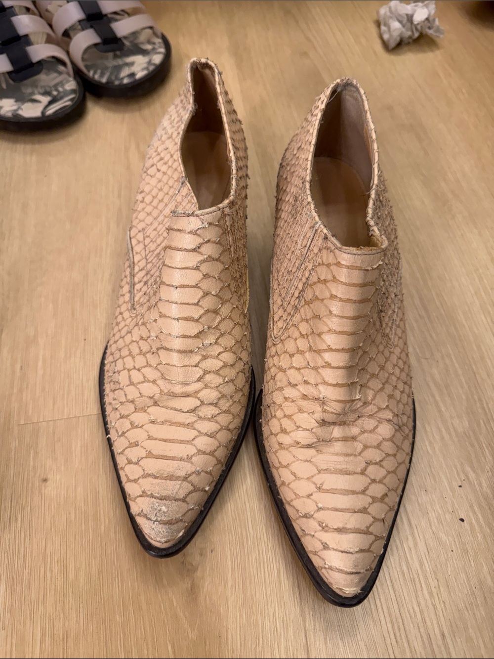 Pointed Snake-Embossed Ankle Booties in Beige
